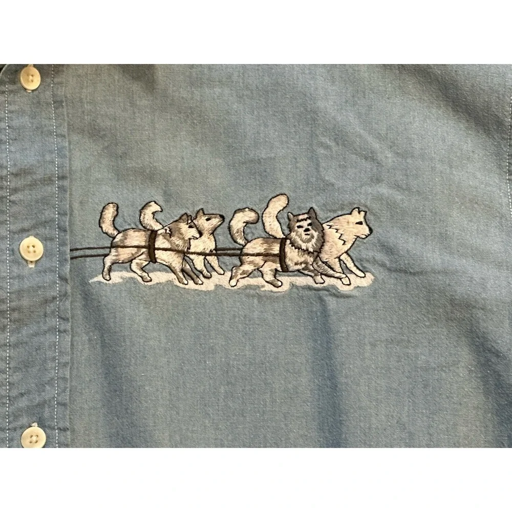 VTG  Banana Republic Safari Travel Clothing Embroidered Dog Sled Cotton Shirt XL